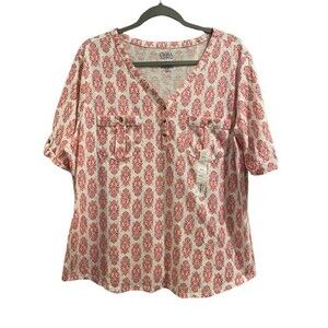 Women's XXL Top Short Sleeve V-neck Utility Henley Croft & Barrow Button Sleeve